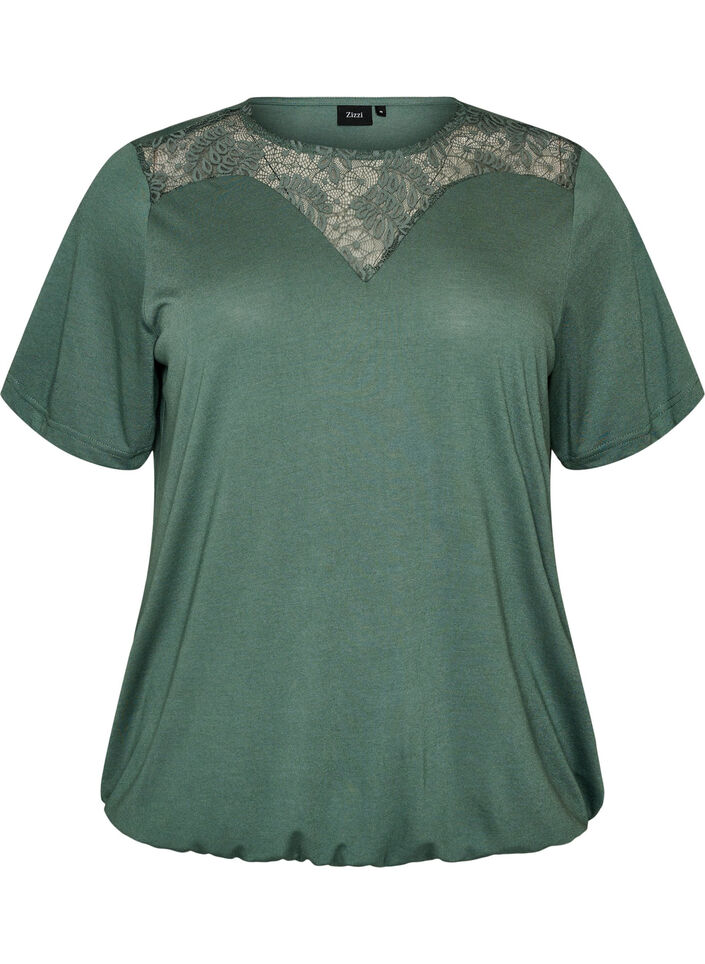 Bluse mit Spitzeneinsatz und Ballon&auml;rmeln, Gr&uuml;n, Packshot image number 0