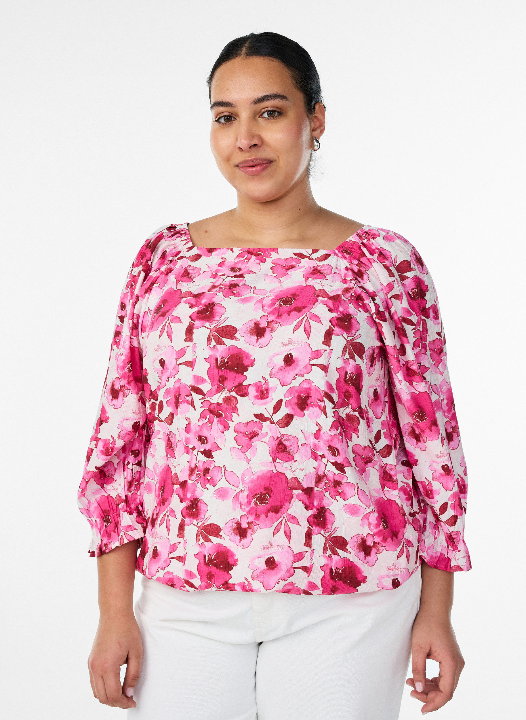 Zizzi Viskosebluse mit eckigem Ausschnitt und 3/4-&Auml;rmeln, Pink, Model image number 0