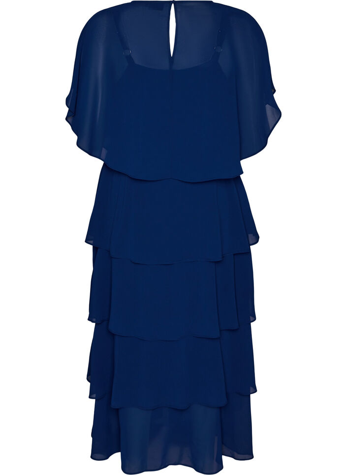 Maxikleid mit R&uuml;schen-Volants und abnehmbarem Cape, Blau, Packshot image number 1