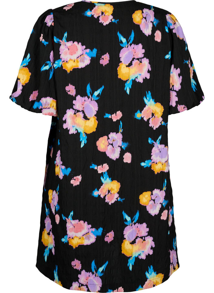 Kleid mit kurzen Puffärmeln und Blumenmuster, Black w. flower AOP, Packshot image number 1