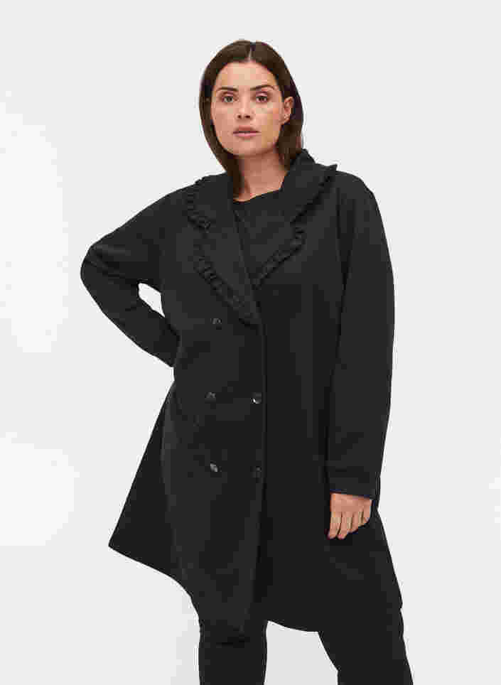 Lange Jacke mit breitem Kragen und Rüschendetails, Black, Model image number 0