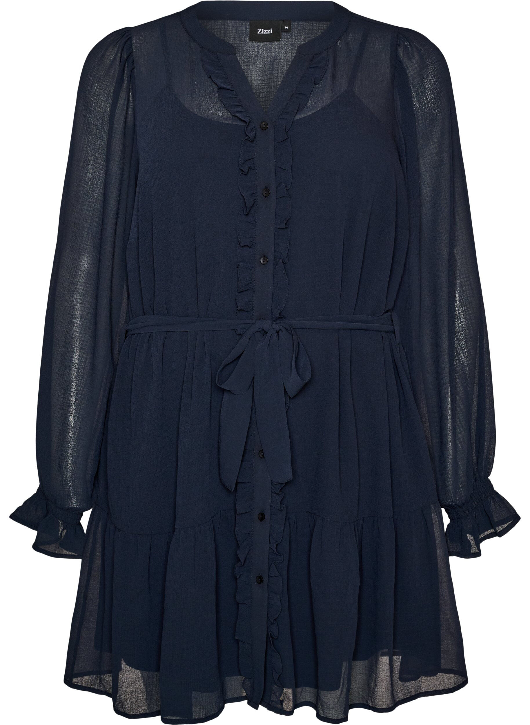 ZizziKurzes Kleid mit R&uuml;schendetails und Bindeg&uuml;rtel, Blau, Packshot image number 0