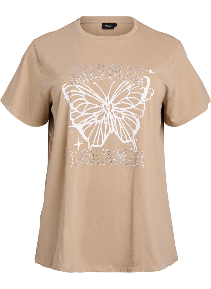 T-Shirt aus Bio-Baumwolle mit Strass und Schmetterlingsmotiv, Braun, Packshot image number 0
