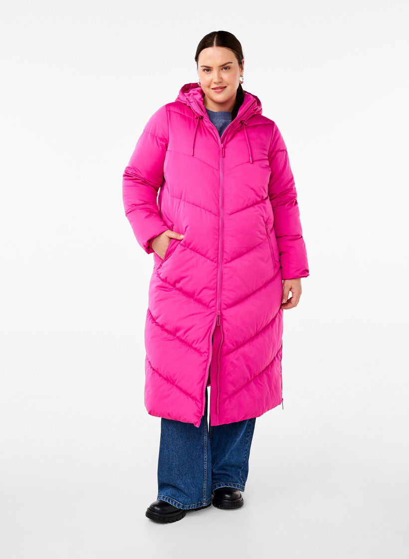 Langer Puffermantel mit Kapuze und Taschen - Pink - Gr. 42-64 - Zizzi