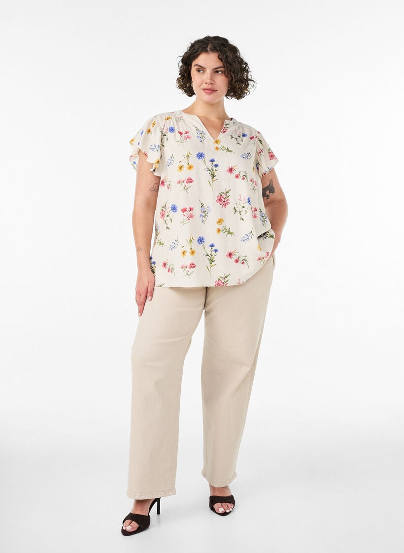 Bluse aus Viskose und Leinen mit R&uuml;schen&auml;rmeln, Beige, Model image number 1