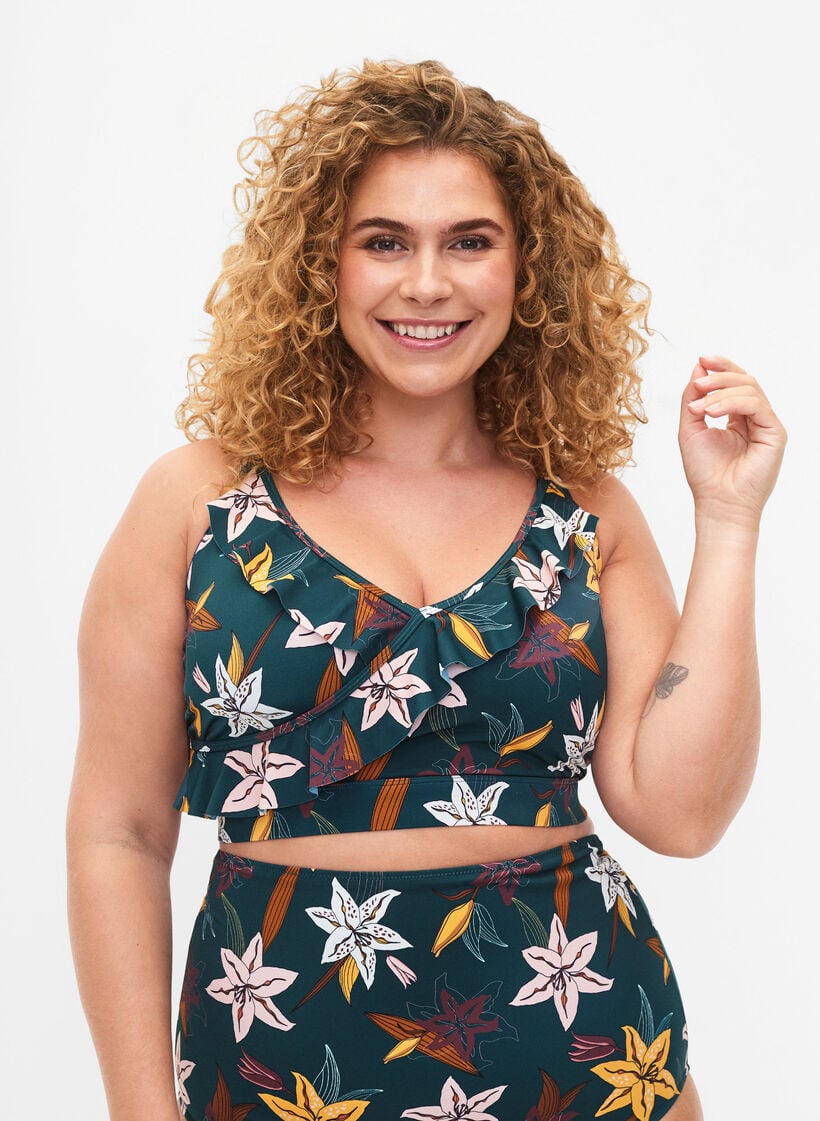 Bikini-Top mit R&uuml;schendetails und Blumenprint, Gr&uuml;n, Model image number 0