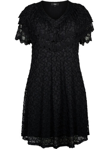 Kurzärmeliges Kleid aus Spitze mit breiten Rüschen, Black, Packshot image number 0
