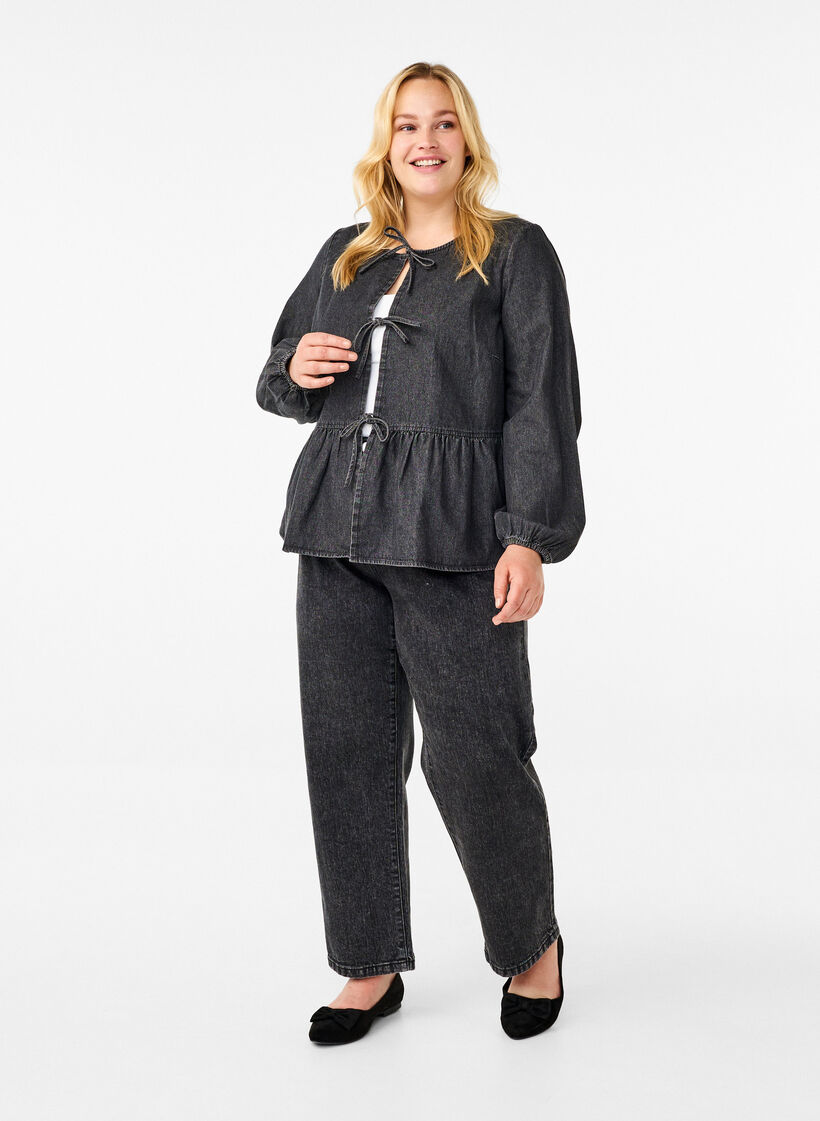 Peplum-Bluse aus Denim mit Bindeverschluss, Grau, Model image number 1