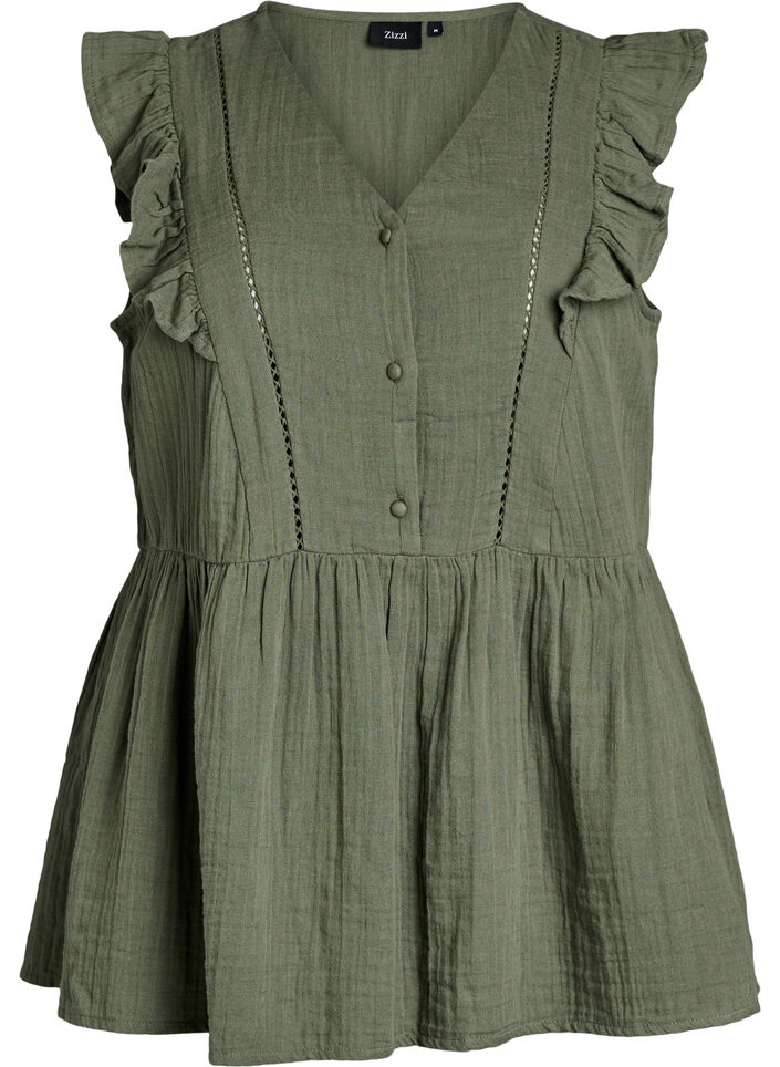 &Auml;rmellose Bluse aus Baumwoll-Musselin mit R&uuml;schen, Gr&uuml;n, Packshot image number 0
