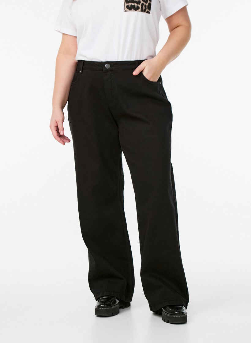 Jeans mit weitem Bein und hohem Bund, Schwarz, Model image number 2