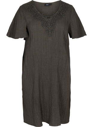 Kurzarm Kleid aus Baumwolle mit Stickerei, Khaki As Sample, Packshot image number 0