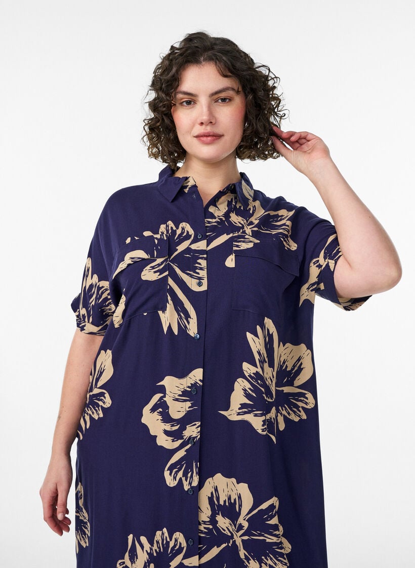 Langes Hemdkleid mit kurzen &Auml;rmeln, Blau, Model image number 2