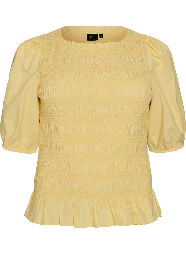 Smockbluse mit R&uuml;schensaum und U-Boot-Ausschnitt, Gelb, Packshot image number 0