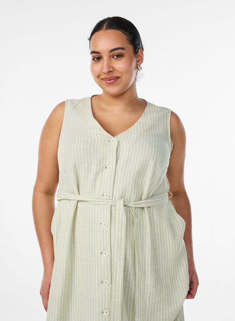 &Auml;rmelloses gestreiftes Midikleid aus Leinen und Viskose, Gr&uuml;n, Model image number 2