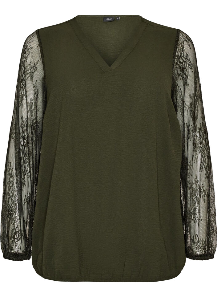 Bluse mit &Auml;rmeln aus Spitze und Ballonform, Gr&uuml;n, Packshot image number 0