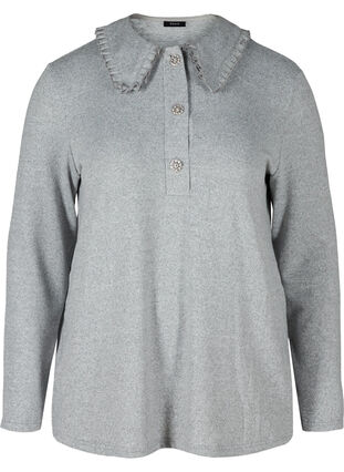 Bluse mit Rüschenkragen und dekorativen Knöpfen, Light Grey Melange, Packshot image number 0