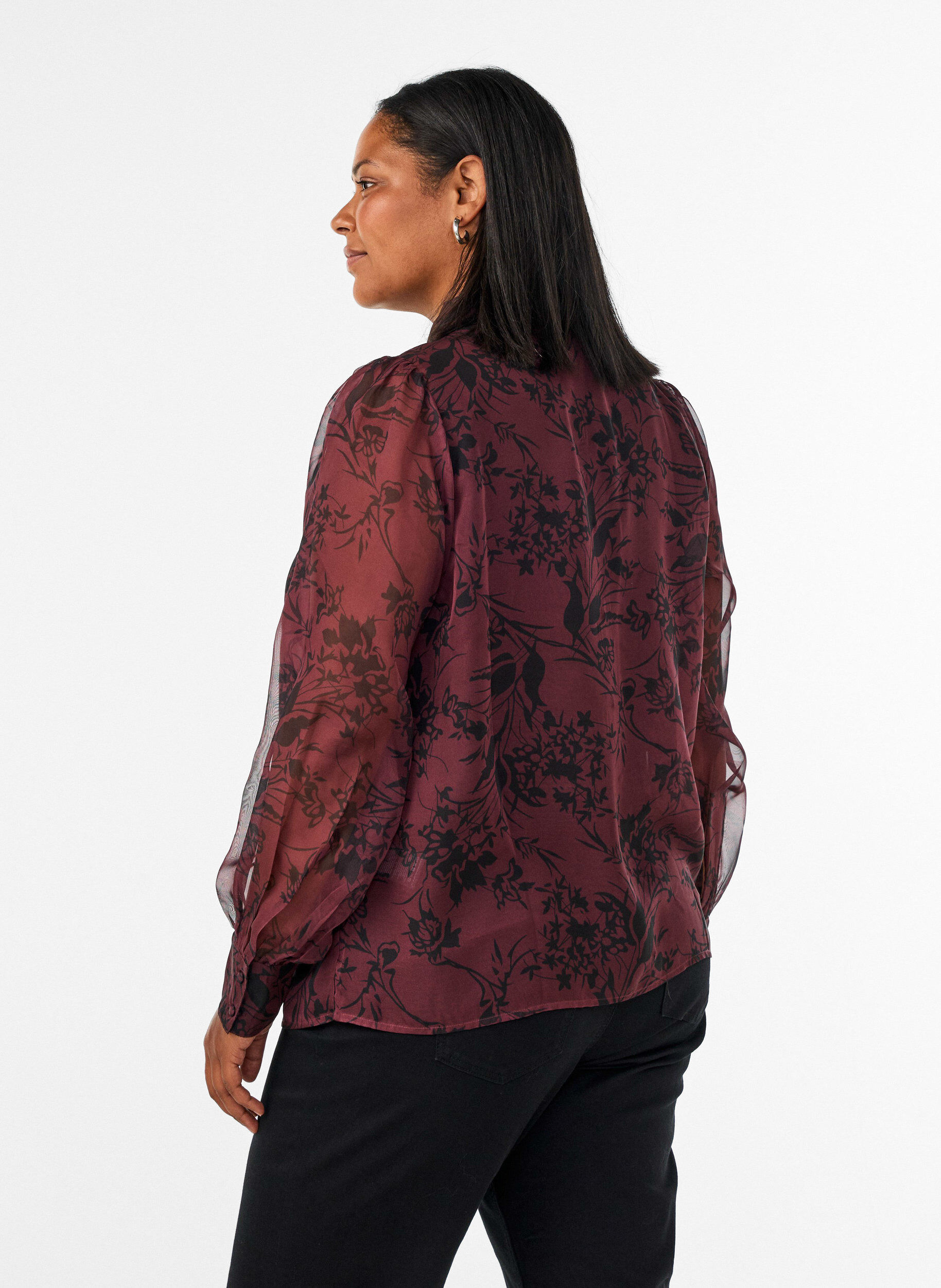 ZizziTransparente Hemdbluse mit Blumenmuster und Bindedetail, Dunkles Bordeaux, Model image number 2