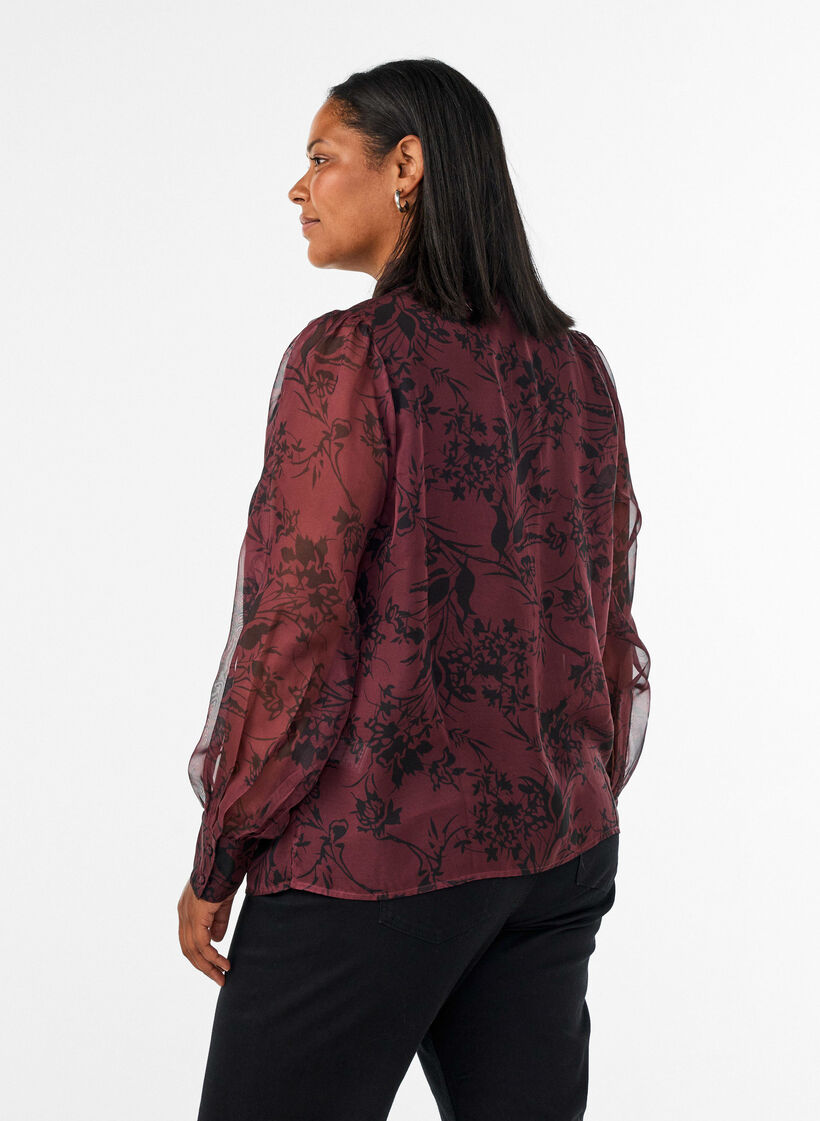 Transparente Hemdbluse mit Blumenmuster und Bindedetail, Dunkles Bordeaux, Model image number 2