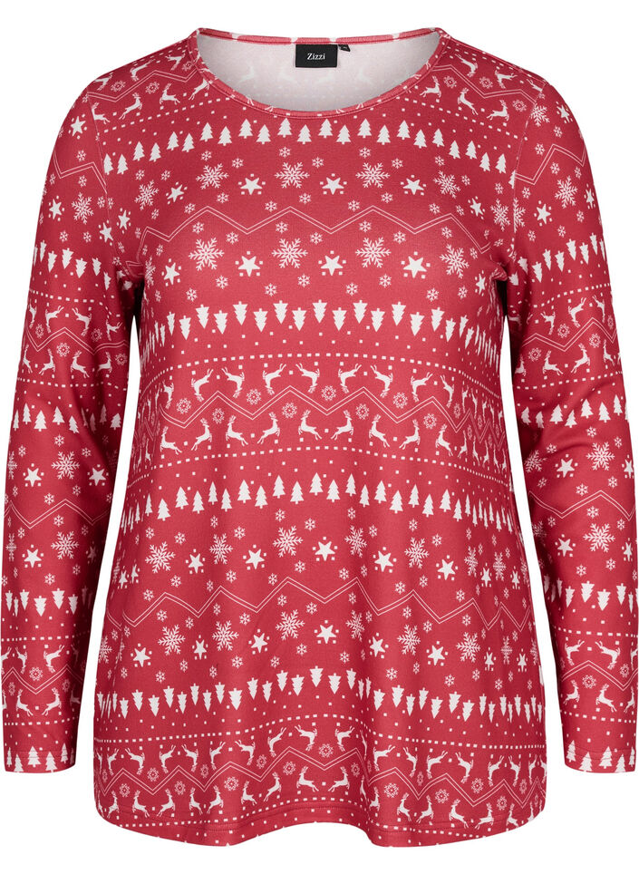 Bluse mit Weihnachtsmotiv, Tango Red/White AOP, Packshot image number 0