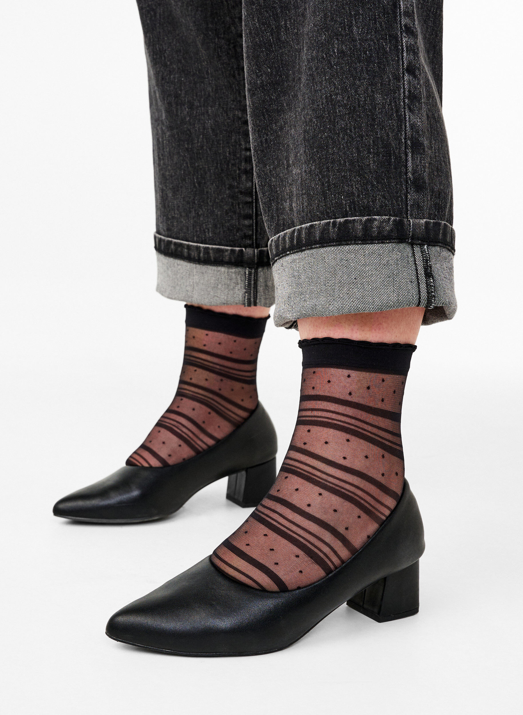 Zizzi 2-pack Kn&ouml;chelsocken mit Streifen und Punkten, Black Dot, Model image number 0