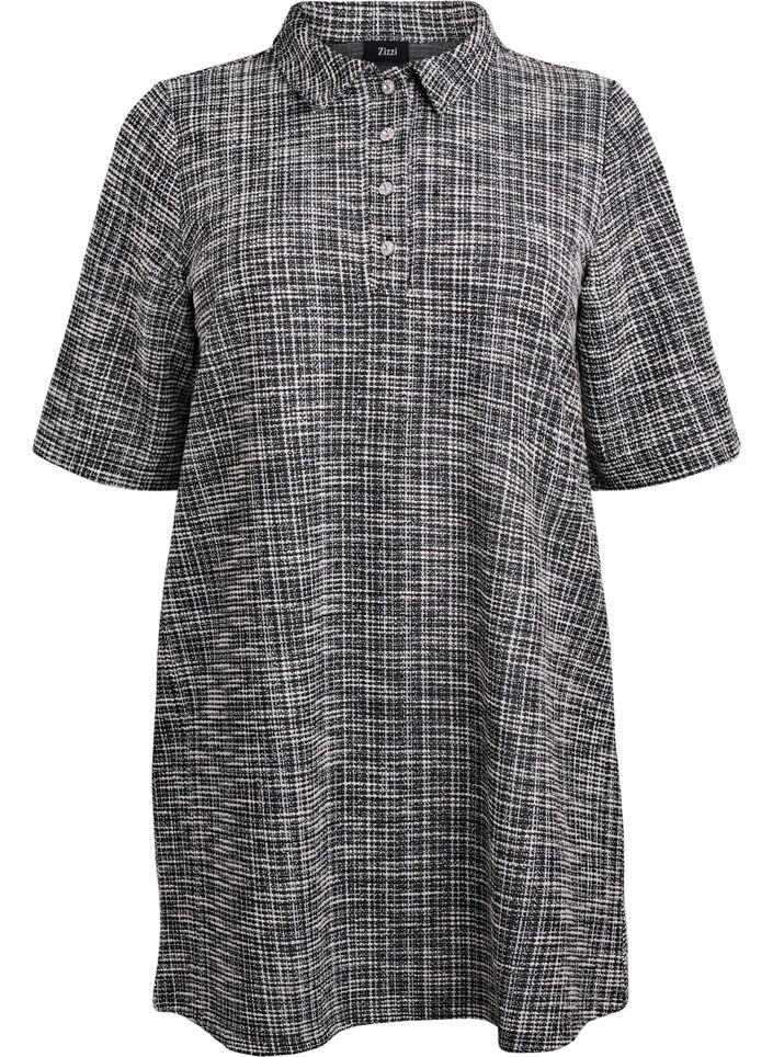 Kurzes Kleid aus texturiertem Jersey mit grafischem Karomuster, Vanille, Packshot image number 0