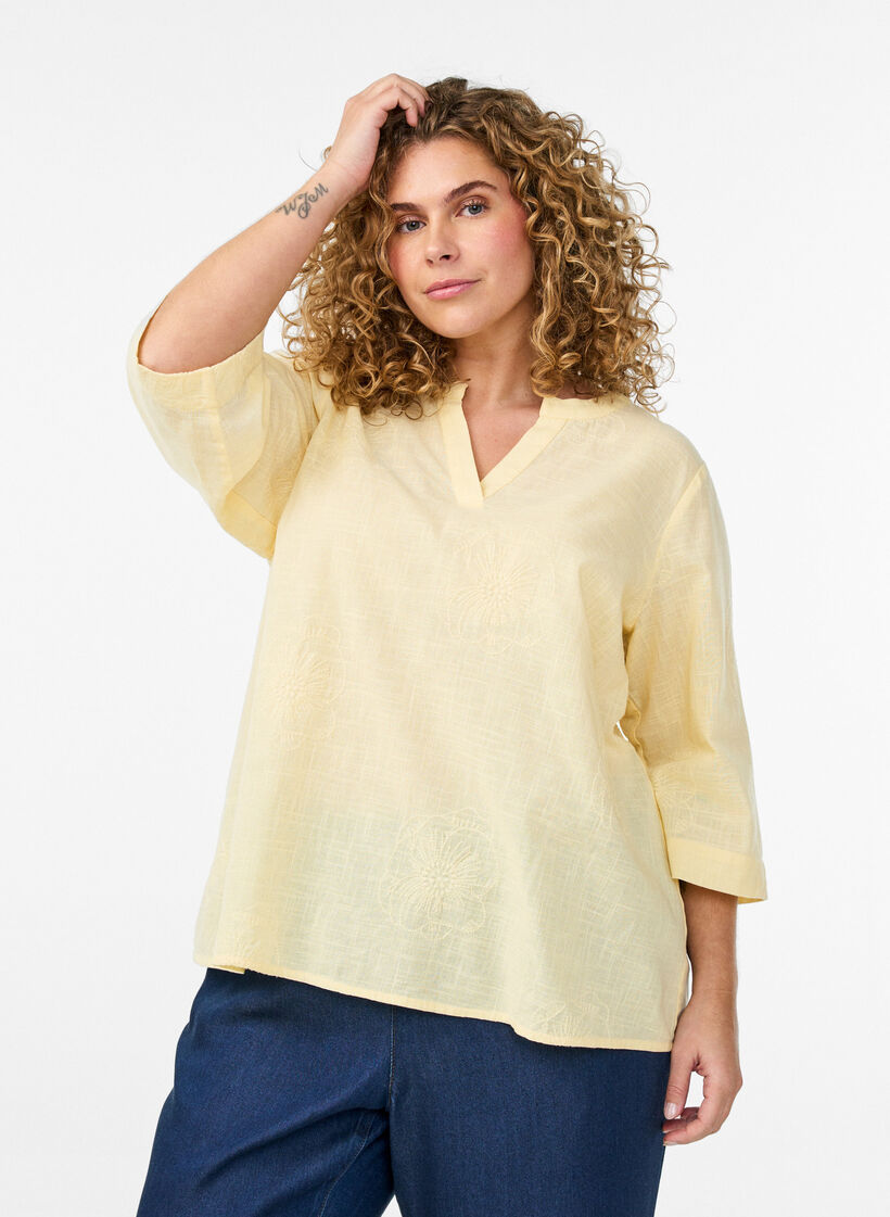Bluse aus Baumwolle mit gestickten Details und 3/4-&Auml;rmeln, Gelb, Model image number 0