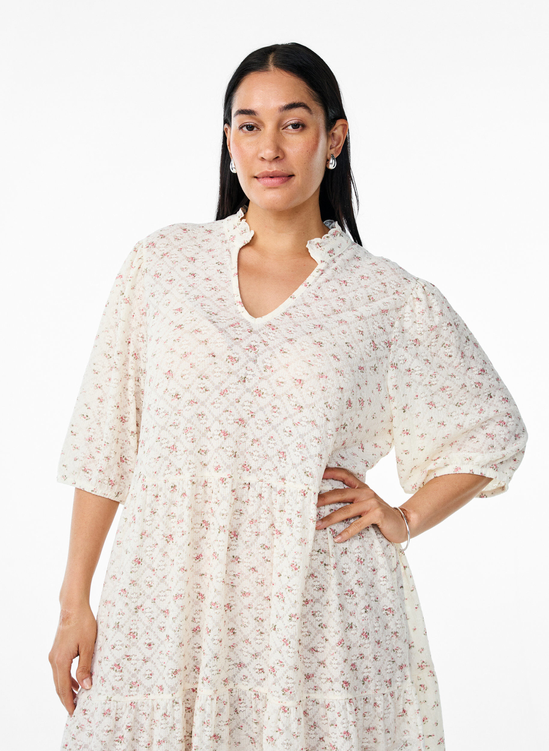 Zizzi Kurzes Kleid in A-Linie mit 1/2 &Auml;rmeln, Wei&szlig;, Model image number 2