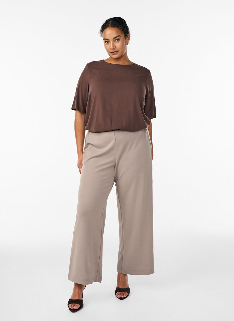 Kurz&auml;rmelige, gewebte Bluse mit Rundhals, Braun, Model image number 1