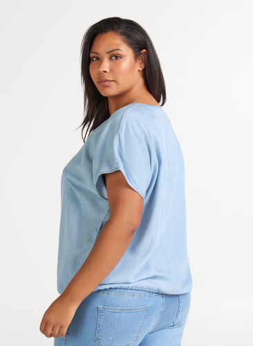 Bluse mit kurzen Ärmeln, Light blue denim, Model image number 1