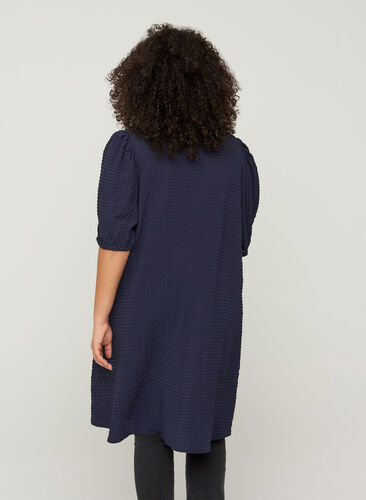 Kleid mit Struktur, A-Linie und Puffärmeln, Evening Blue, Model image number 1