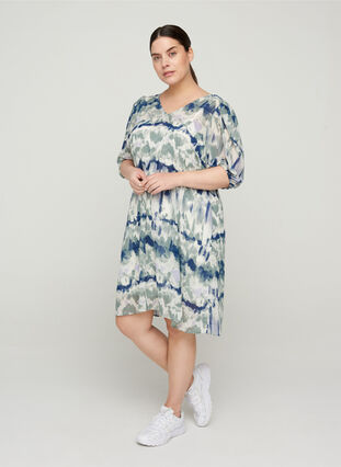 Kleid mit Print, Puffärmeln und V-Ausschnitt, Chinois Green AOP, Model image number 3