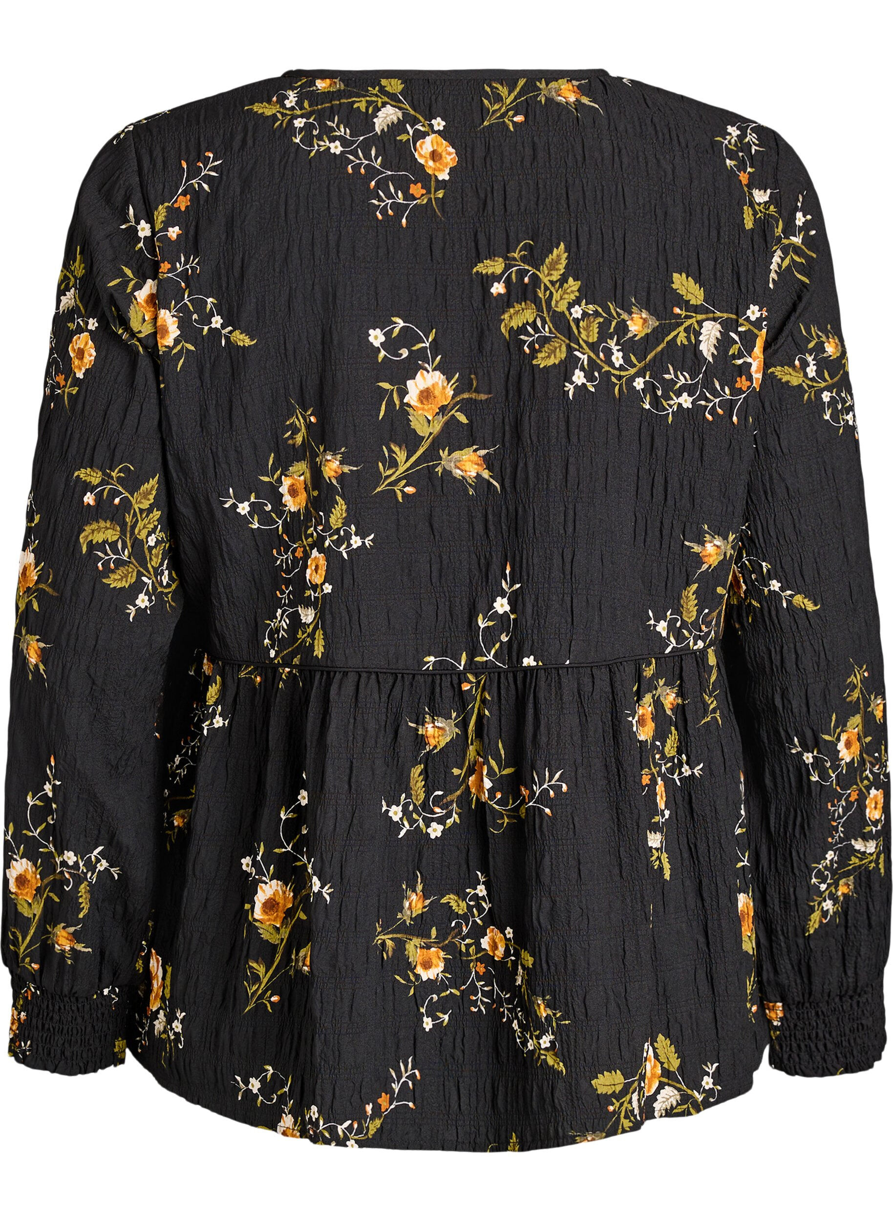 Zizzi Lang&auml;rmelige Bluse mit gebl&uuml;mtem Muster, Schwarz, Packshot image number 1