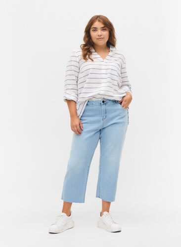 7/8-Jeans mit Fransensaum und hoher Taille, Super L.Blue Denim, Model image number 0