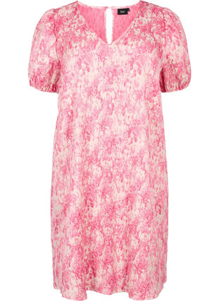 Kleid mit kurzen Puffärmeln, Chateau Rose AOP, Packshot image number 0
