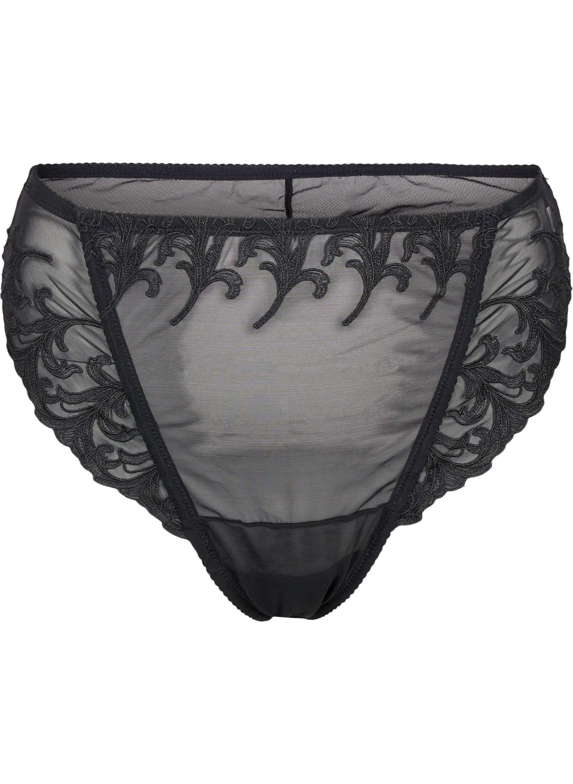 Zizzi Mesh-Tanga mit Stickereidetails, Schwarz, Packshot image number 0