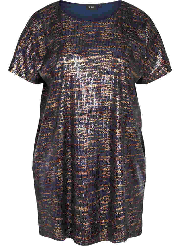 Kurzarm Paillettenkleid mit Rundhalsausschnitt, Blue Brown Sequins, Packshot image number 0