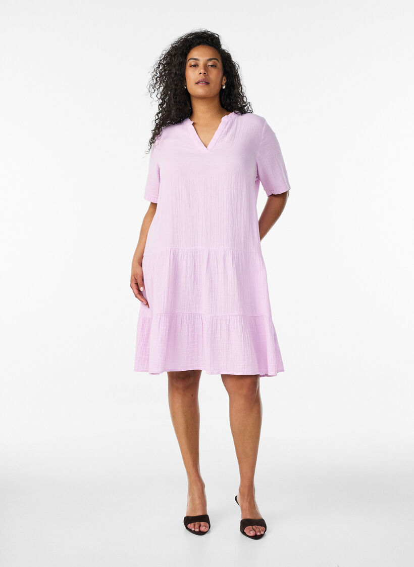 Kurzes A-Linien-Kleid aus Baumwollmusselin, lila, Model image number 1