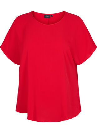 Bluse mit kurzen Ärmeln und Rundhalsausschnitt, Tango Red, Packshot image number 0