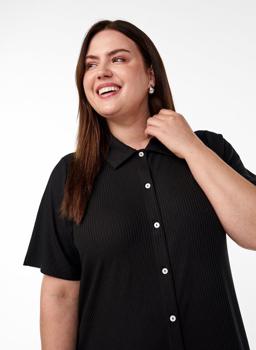 Maxikleid aus Jersey mit Kragen und kurzen Ärmeln, Schwarz, Model image number 2