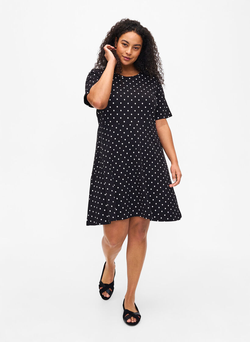 Baumwollkleid mit kurzen Ärmeln und Punkten, Black w. White Dot, Model image number 2