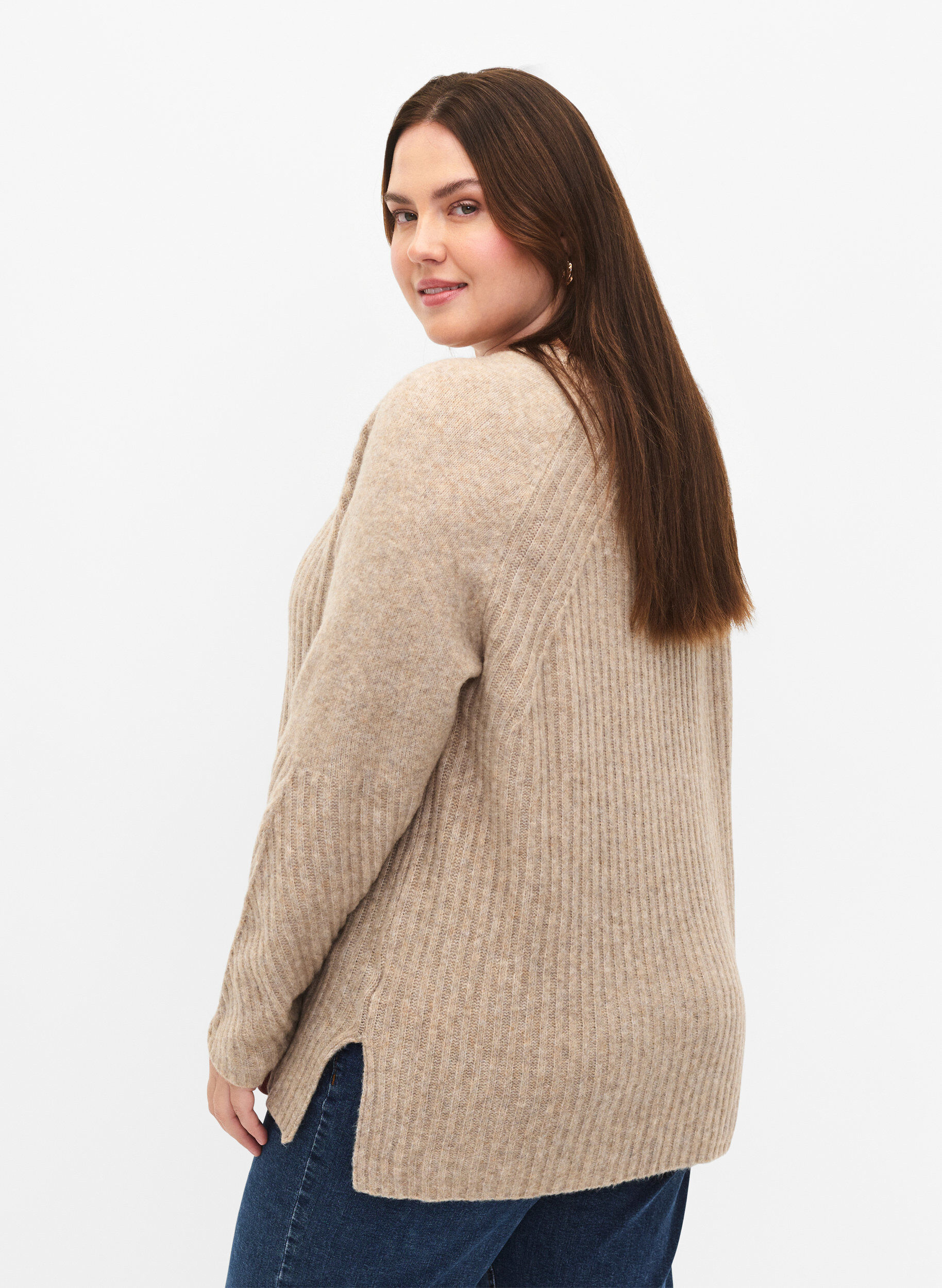 Zizzi Strickpullover mit Schlitz, Simply Taupe Mel., Model image number 1