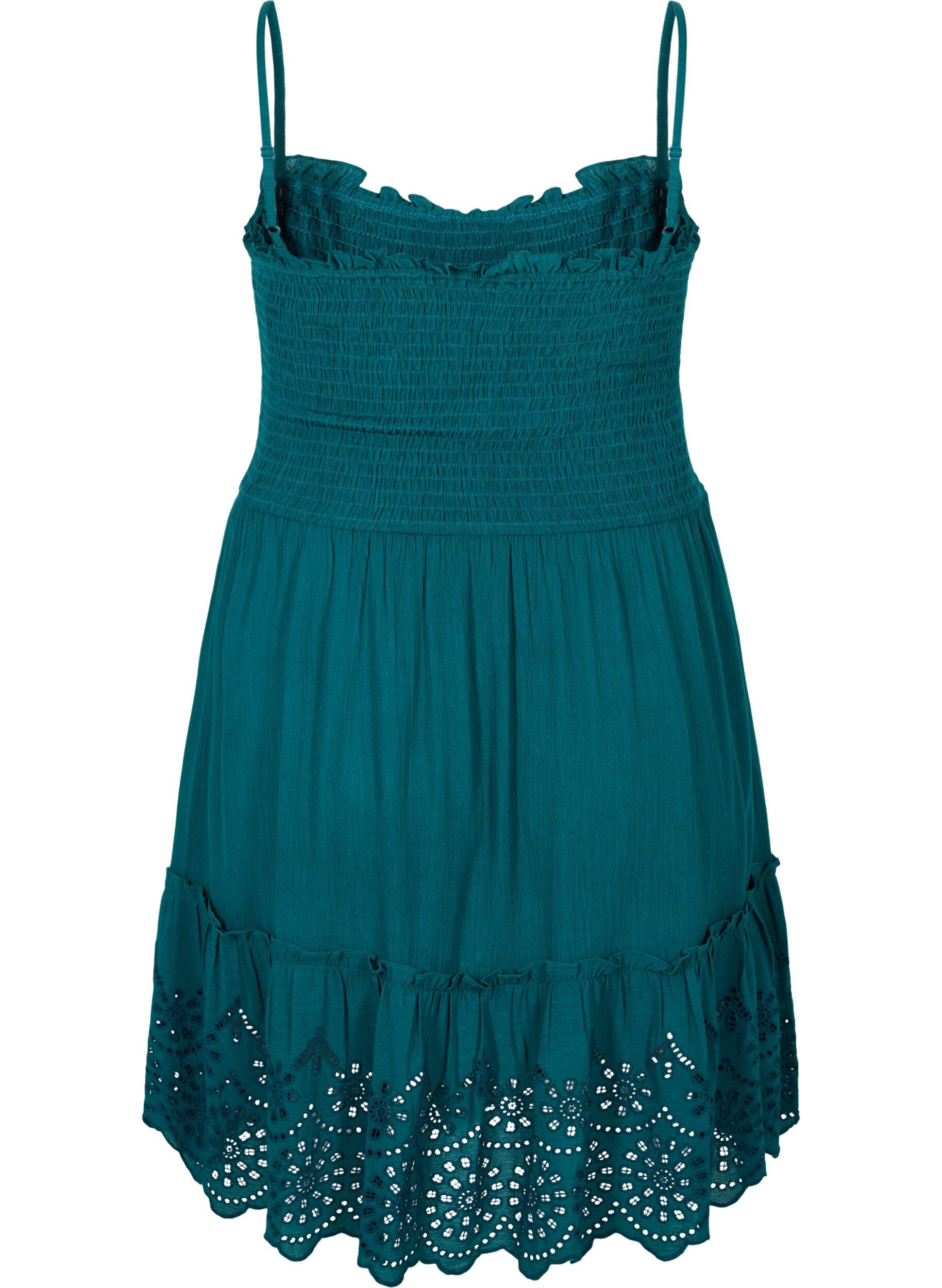 Zizzi Viskose Strandkleid mit Smock und Lochstickerei, Deep Teal, Packshot image number 1