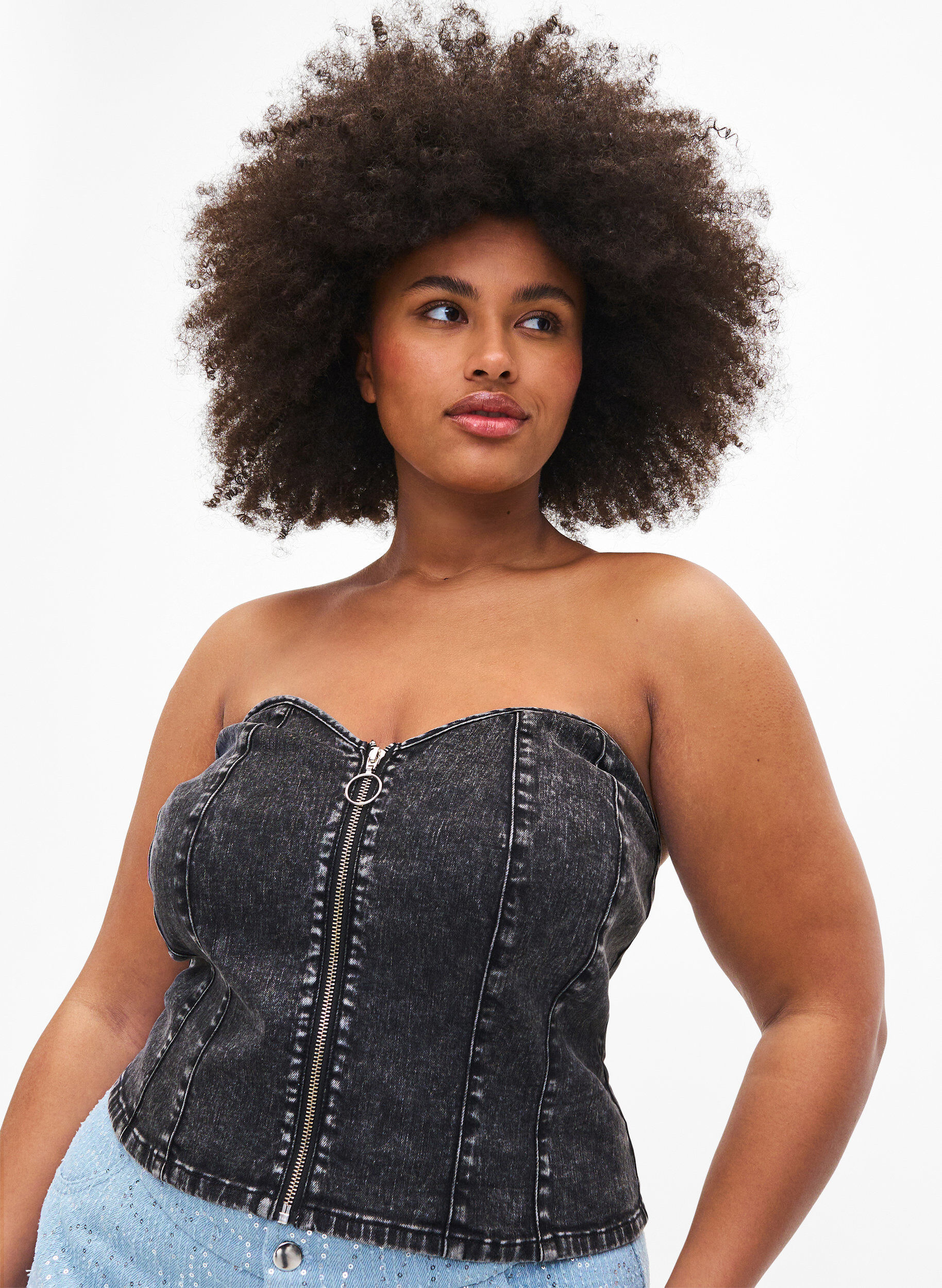 Zizzi Denim Korsett Top mit Rei&szlig;verschluss, Black, Model image number 0