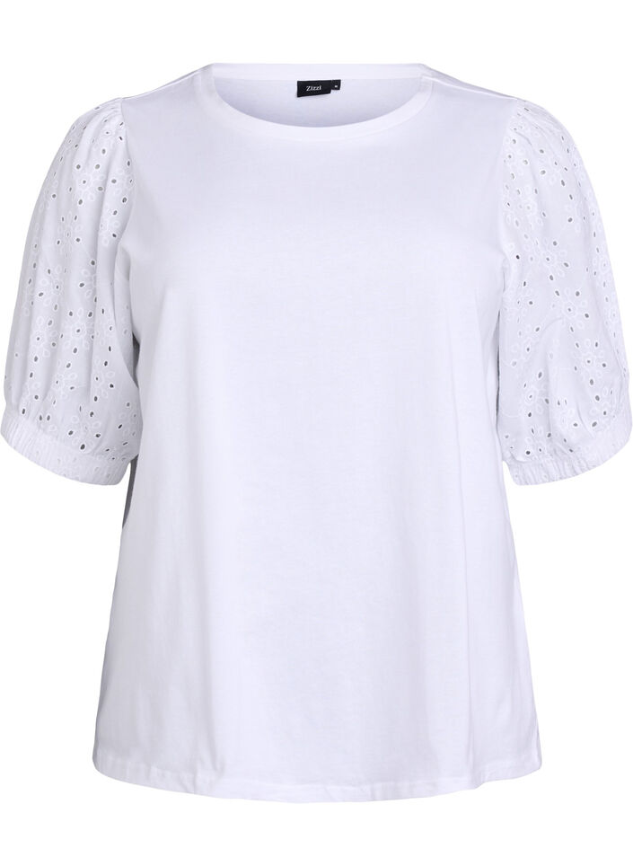 T-Shirt mit &Auml;rmeln in Broderie Anglaise, Wei&szlig;, Packshot image number 0