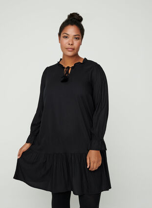 Viskose Kleid mit Schleifendetail, Black, Model image number 0