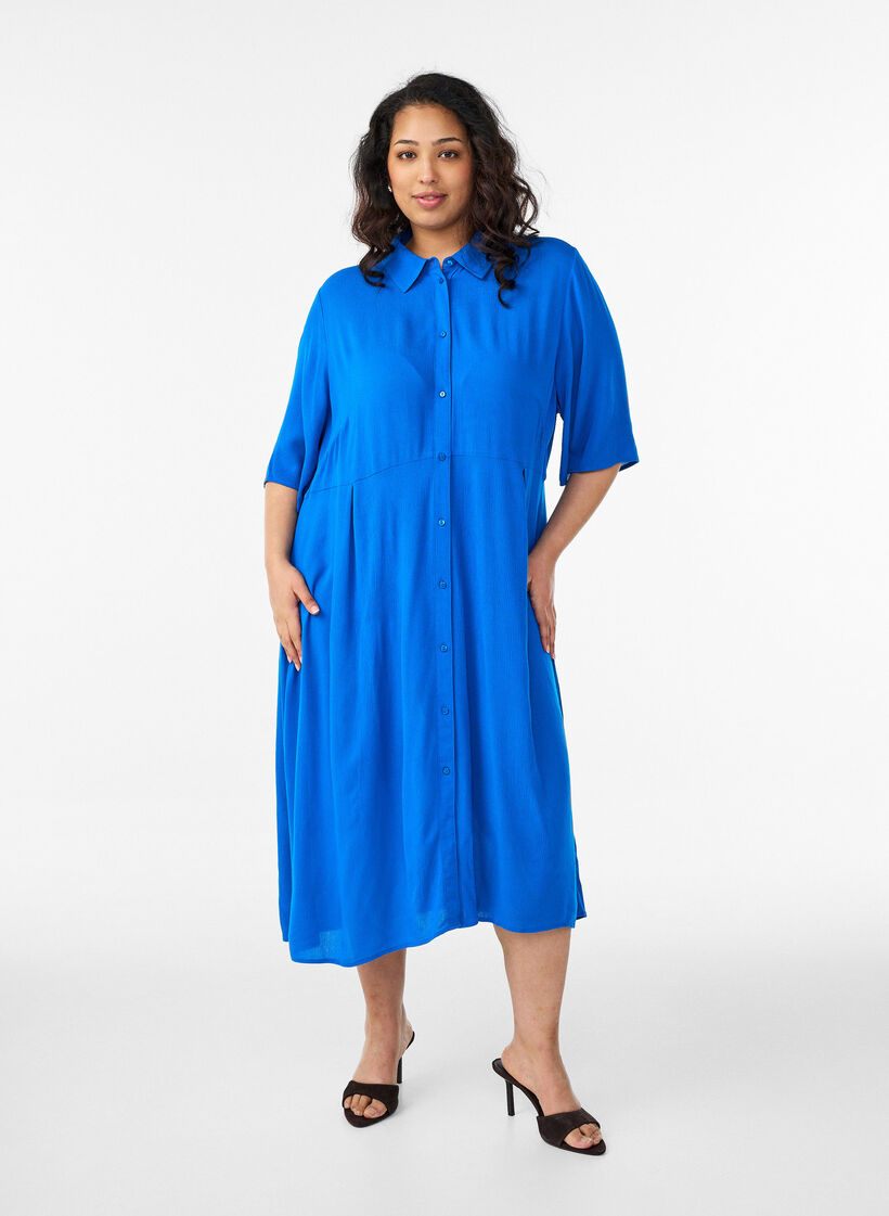 Midikleid mit kurzen &Auml;rmeln, Blau, Model image number 0