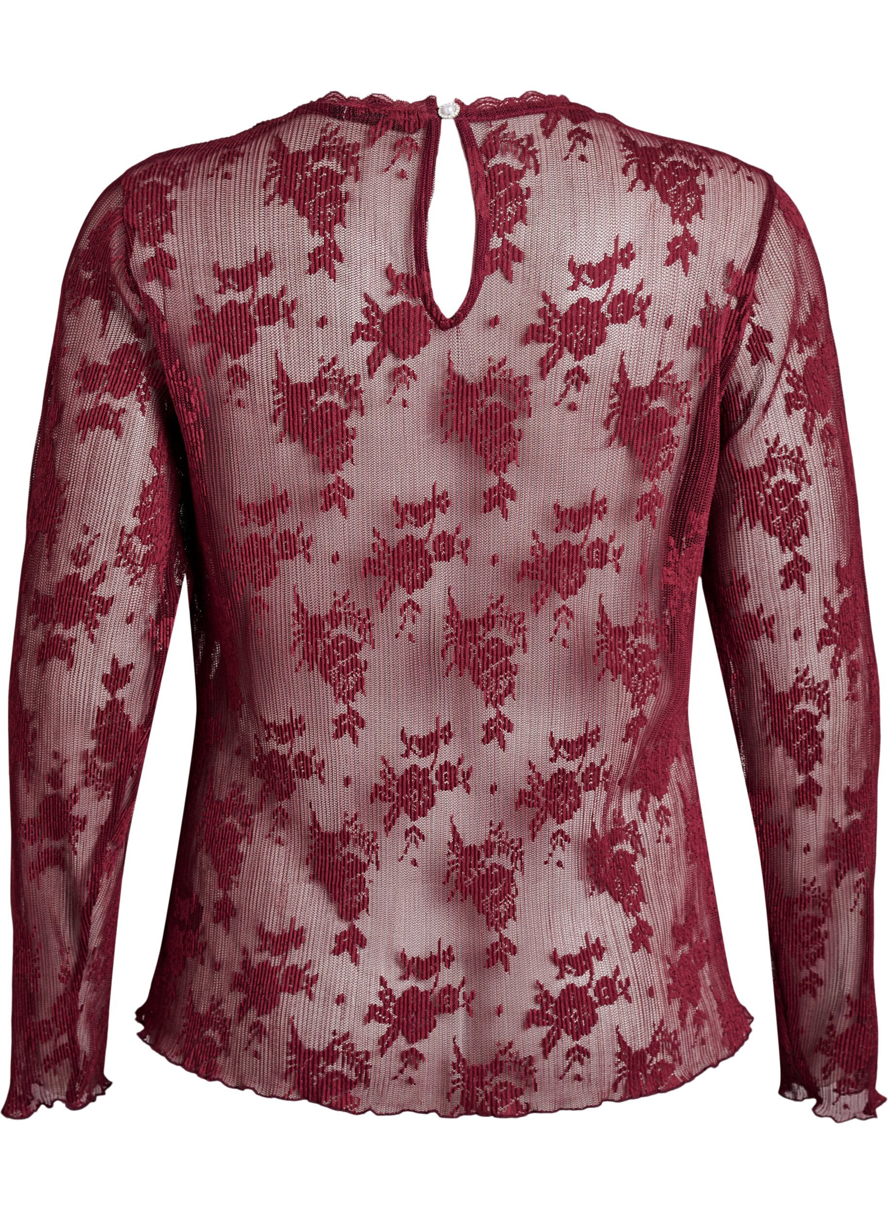 Zizzi Lang&auml;rmelige Bluse aus Mesh mit Spitzenmuster, Dunkles Bordeaux, Packshot image number 1