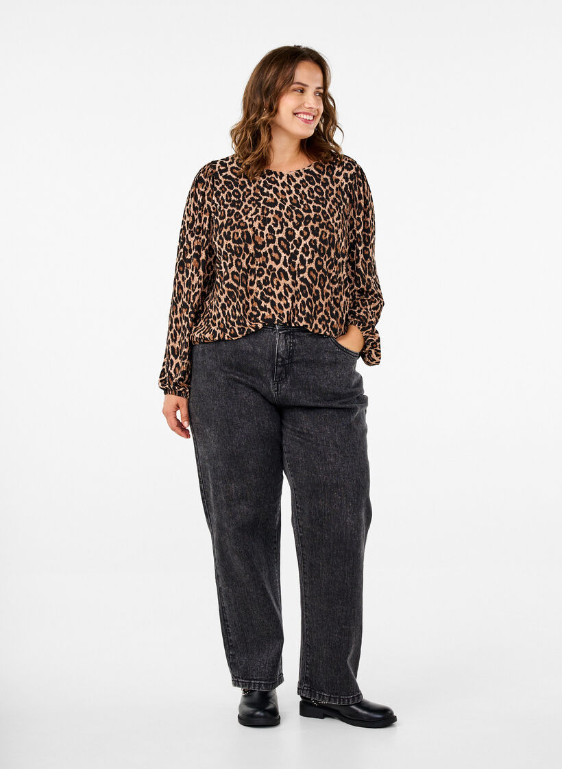 Bluse mit langen &Auml;rmeln und Leopardenmuster, Braun, Model image number 1