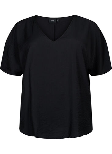 Viskose Bluse mit kurzen Ärmeln und V-Ausschnitt, Black, Packshot image number 0