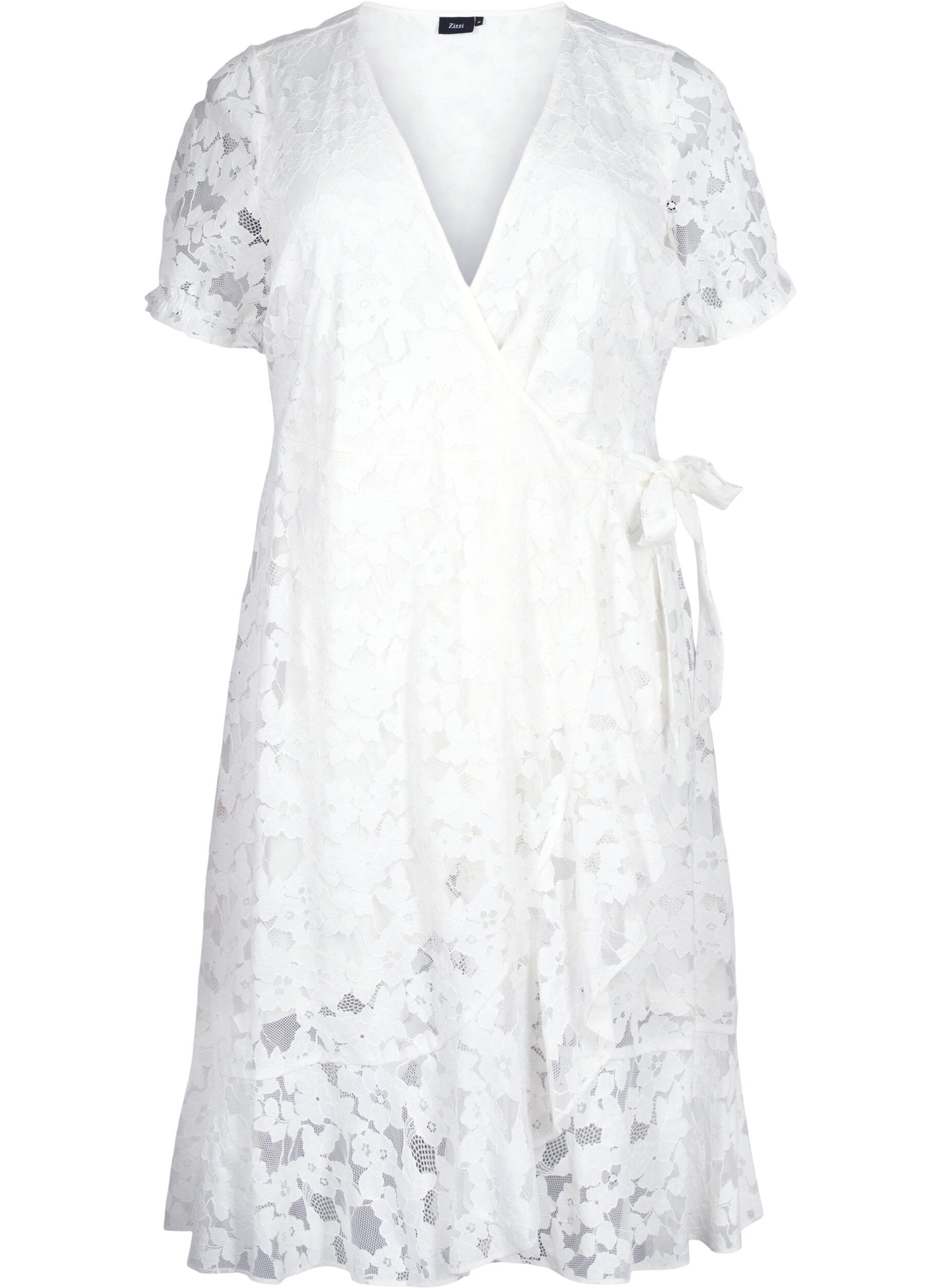Zizzi Wickelkleid mit Spitze und kurzen &Auml;rmeln, Bright White, Packshot image number 0